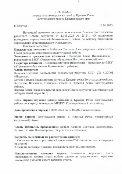 Протокол по результатам опроса жителей д. Красная Речка